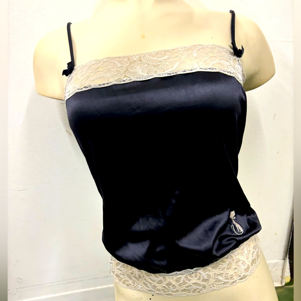 Vintage French Kitty by Mighty Fine Womens Camisole Black & Ivory Lace. Small